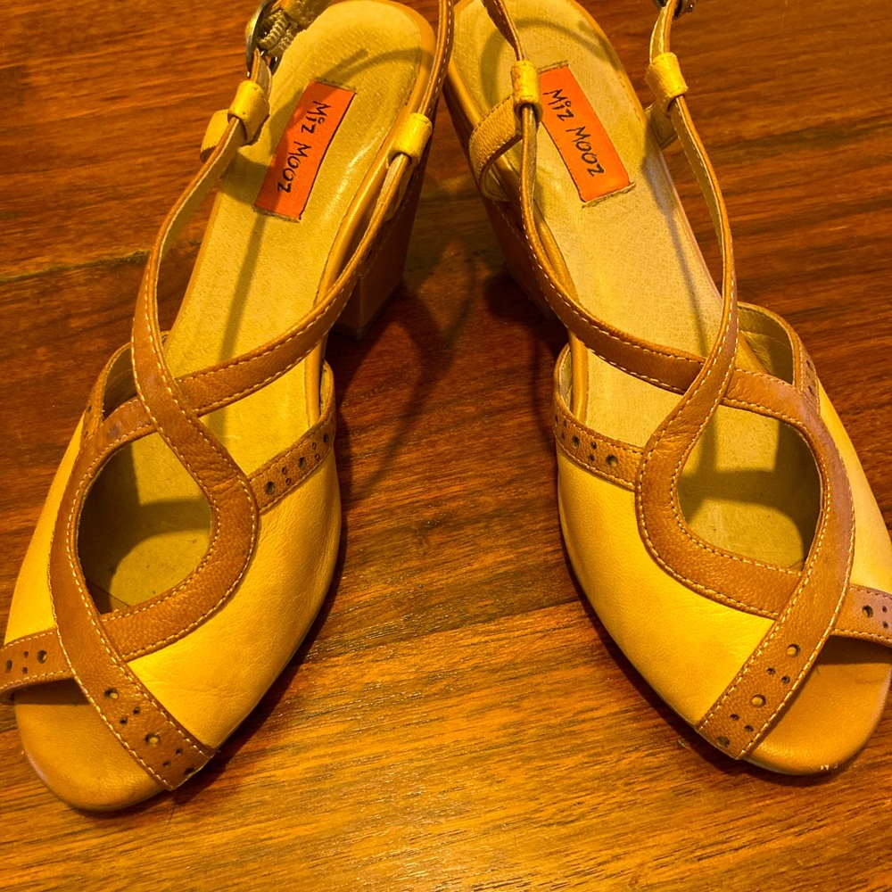 Miz Mooz mustard and tan sandal heels. Size EU 36 US 6.